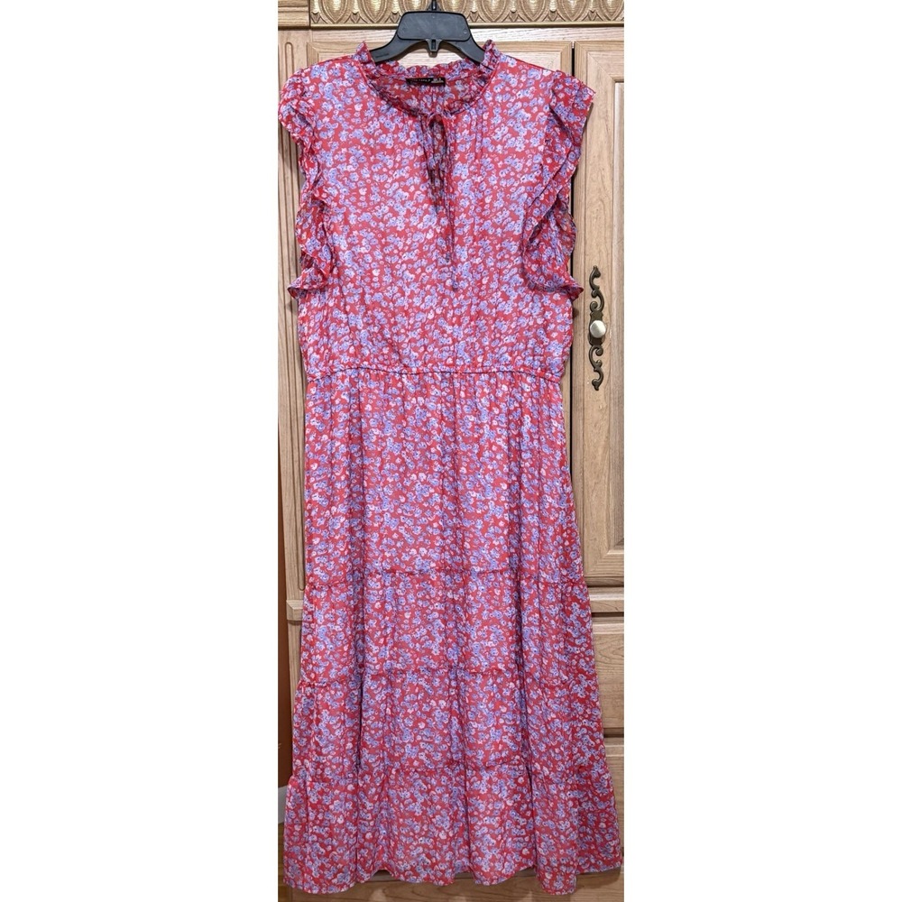 Black Tape Floral Ruffled Sleeve Tiered Maxi Dress Women's Sz 1X Red Cottagecore